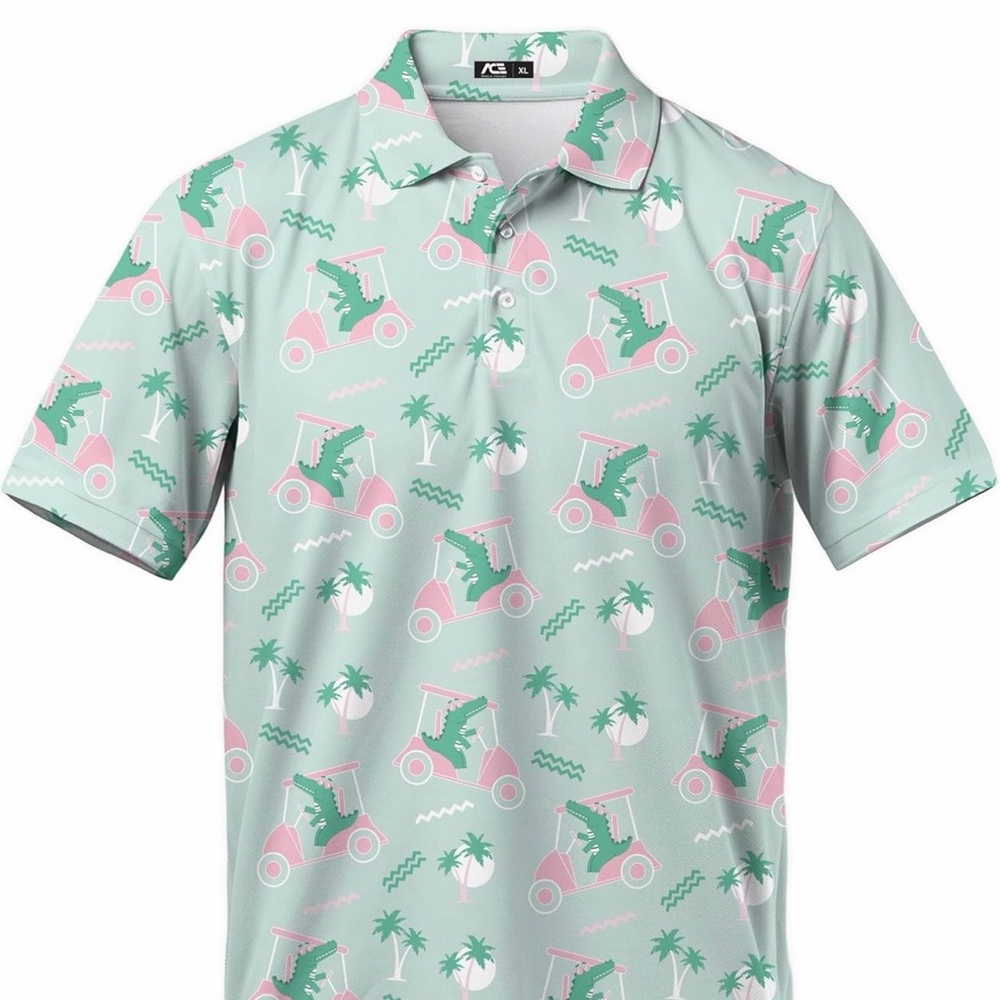 Golf Polo with Alligator & Golf Cart Print in Mint and Pink